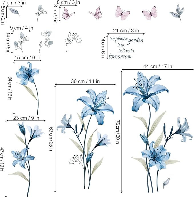 wondever Blue Lily Flower Wall Stickers Floral Butterfly Peel and Stick Wall Art Decals for Living Room Bedroom TV Wall