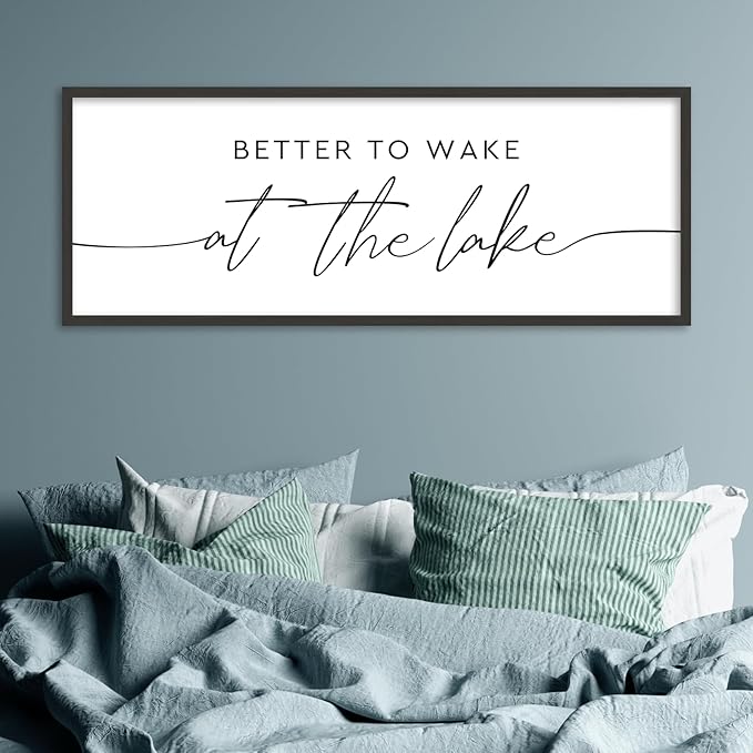 SRSZHIYUE Better To Wake At The Lake Wall Decor Above Bed Sign 40"×15" for Lake House Rustic Bedroom Over Bed Farmhouse Large Wood Framed Home Wall Hanging Art (Black)