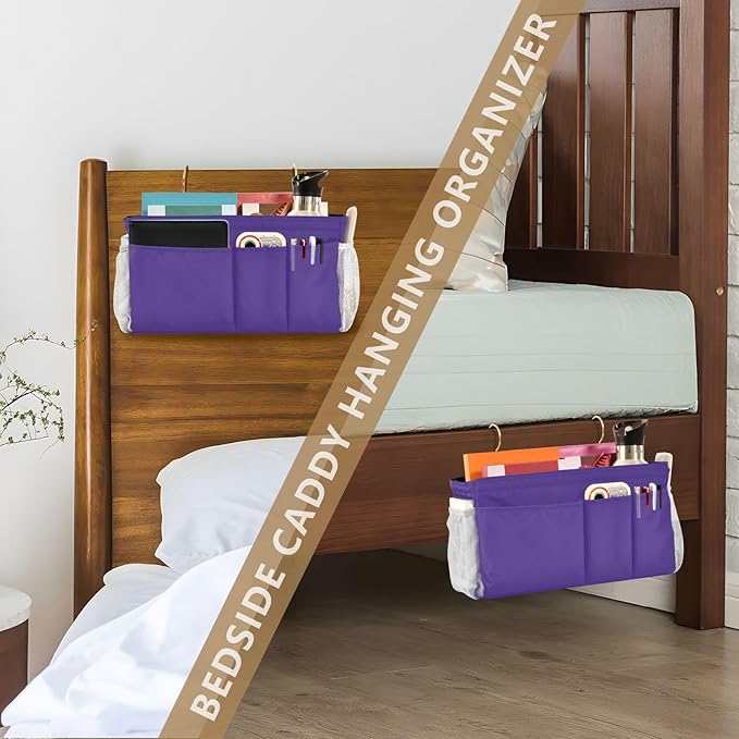 DOMIKING Dark Purple Bedside Caddy for Dorm Bed Recliner Armrest Organizer with Hooks Haning Storage Pockets for Remote Control Couch Recliner