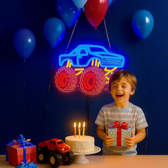 Monster Truck Neon Sign for Boys Room, Playroom Wall Decor, Trendy Teen Room Decorations, Party and Birthday Gift Idea, Night Light with USB Powered Dimmable Switch, 15 x 10.5 in