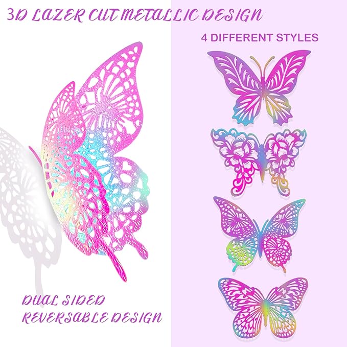 3D Butterfly Wall Decor 3 Sizes 4 Styles Butterfly Party Decorations Cake Decorations Removable Stickers Wall Decor Room Mural Metallic (Laser Pink Purple, 48Pcs)