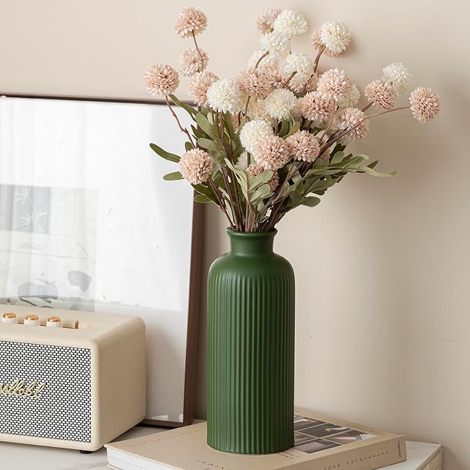 Green Ribbed Ceramic Vase for Flowers, Modern Textured Decorative Vase, 10 Inch Tall, 4 Inch Width, Farmhouse Style Home Decor (Matte Glaze Green)