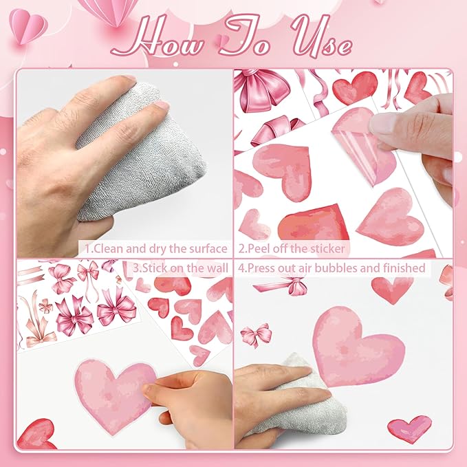 Pink Bow and Heart Wall Decals - 6 Sheets 82 Pcs Bow Knot Wall Stickers Watercolor Bow Heart Peel and Stick Wall Stickers for Girls Room Nursery Bedroom Valentine's Day Décor