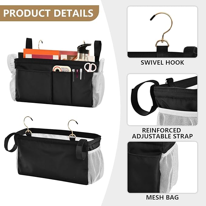DOMIKING Black Bedside Caddy for Dorm Bed Recliner Armrest Organizer with Hooks Haning Holder for Bunk Bed Headboards Rails