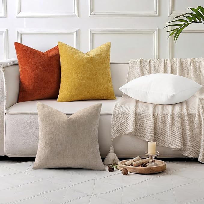 decorUhome Chenille Mineral Yellow Throw Pillow Covers 12x20 Inch Set of 2, Decorative Soft Couch Pillow Covers Solid Dyed Accent Farmhouse Neutral Rectangle Pillow Cases for Sofa