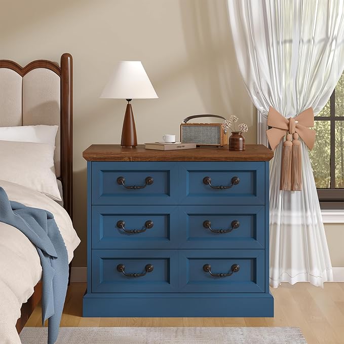 Farmhouse Night Stand with Charging Station, 27.6" Wider Blue Wood Nightstand with 3 Drawers Dividers Storage, Larger Bedside Table, Side Table End Table for Bedroom, Living Room, Sofa