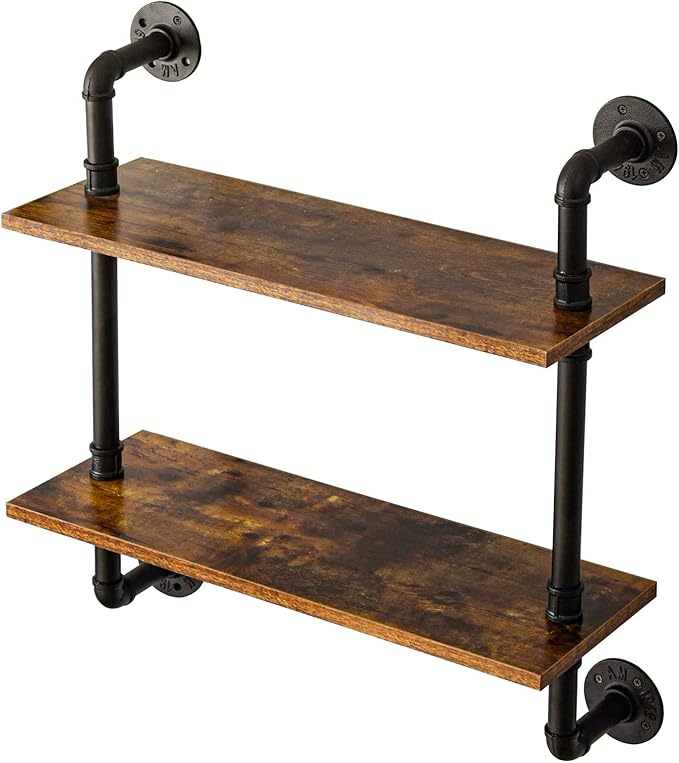 IBUYKE 26" Pipe Floating Shelves,2-Tiers Industrial Pipe Shelves, Rustic Wall Mount Bookshelf,Metal Bracket Storage Wall Shelf for Bedroom, Kitchen, Living Room, Bathroom RF-TM004