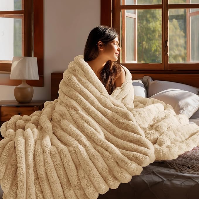 BEDELITE Faux Fur Throw Blanket for Couch, Soft and Cozy Luxurious 3D Striped Fluffy Blanket, 770GSM Thick Warm Plush Fuzzy Faux Rabbit Fur Blanket for Women Gift (Brown, 50"x 60")