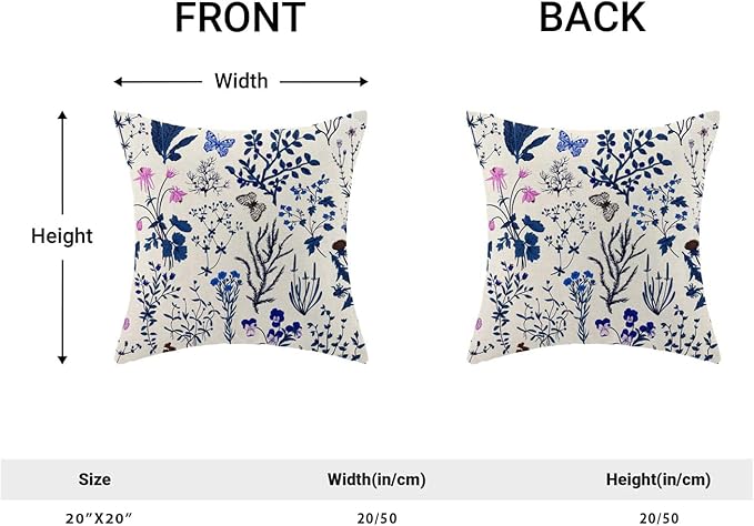 AEIOAE Summer Pillow Covers 20x20 Inch Set of 2,Navy Blue Wild Flower Plant Throw Pillows Case,Seasonal Floral Outdoor Decorative Square Linen Farmhouse Decor Cushion Covers for Home Sofa Bed Couch