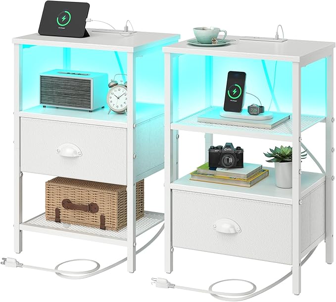 Nightstands Set of 2, LED Night Stands with Charging Station and Fabric Drawer, Bedside Tables with Drawers, 2- Tier LED Side Table End Table Charging Station Livingroom Bedroom, White