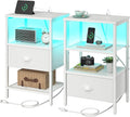 Nightstands Set of 2, LED Night Stands with Charging Station and Fabric Drawer, Bedside Tables with Drawers, 2- Tier LED Side Table End Table Charging Station Livingroom Bedroom, White