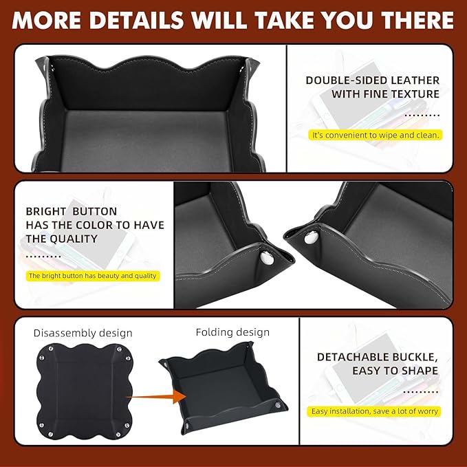 Valet Tray for Men Women 2 Pack - PU Leather Travel Catchall Tray Organizer - Desk Bedside Nightstand Storage Box for Jewelry Key Phone Remote Controller Wallet Watch Glasses Readers -Black
