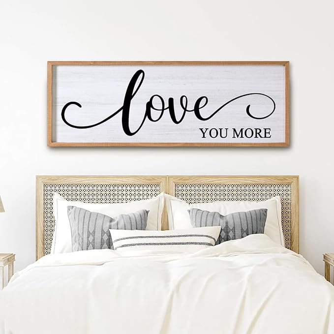 Love You More Decorative Rustic Sign & Plaque Framed Wall Art for Couples, 40''×15'' Vintage Cottagecore Wooden Horizontal Love Quote Home Decor Above Bed for Living Room, Farmhouse Wedding Gift