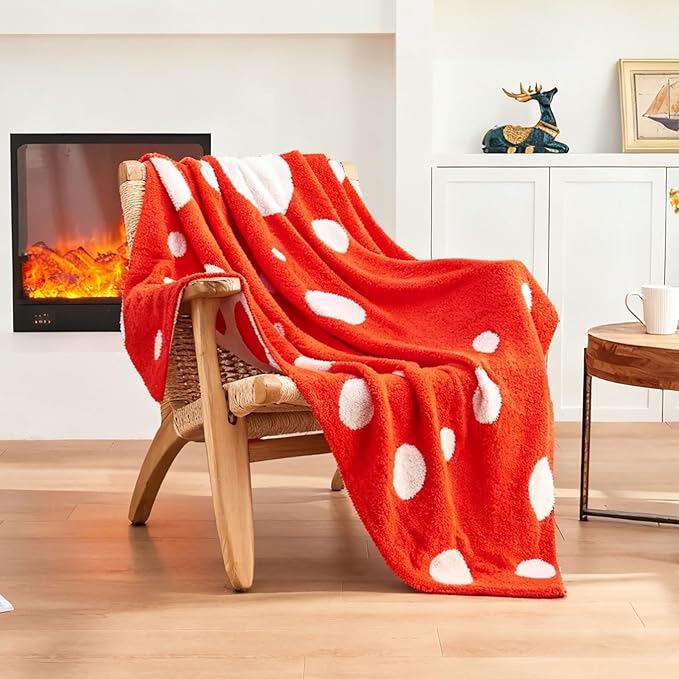 CozeCube Super Soft Fullfy Microfiber Reversible Knitted Blankets, Warm Cozy Fuzzy Plush Throw, Orange red and White Polka Dot Throw Blanket for Couch Bed Sofa, 60" x 80"