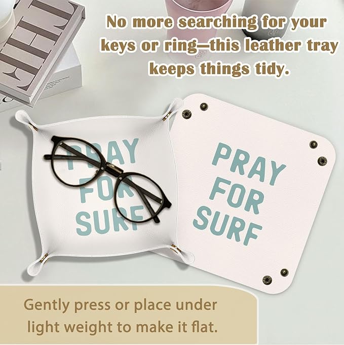 Surfer Gifts Jewelry Valet Tray for Women Men, Pray for Surf Coastal Beach PU Leather Catchall Beside Caddy Nightstand Organizer Tray for Jewelry Rings Watches and Accessories, 7.87x7.87in