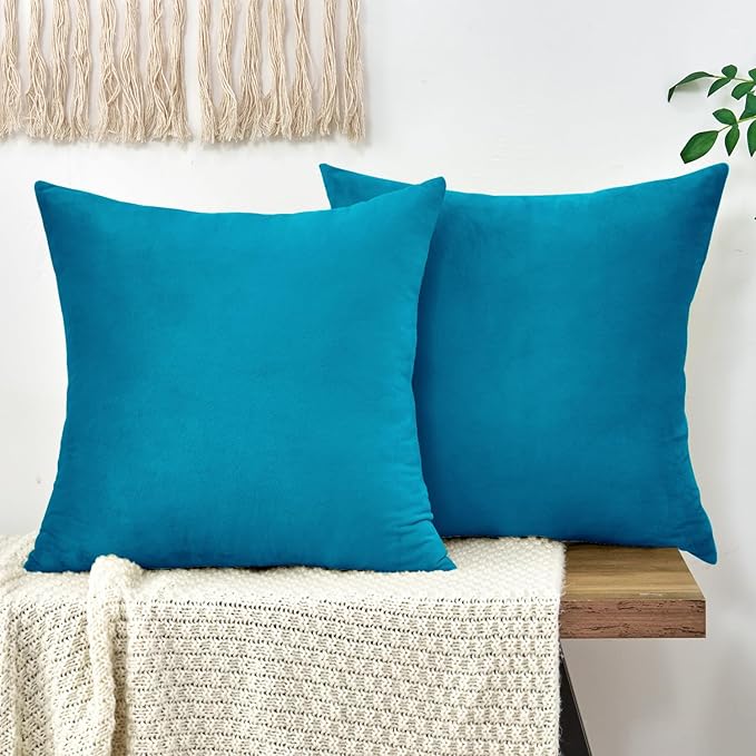 Throw Pillow Covers Decorative Velvet Set of 2 20x20 Inch Pillow Covers, Soft Teal Pillowcases for Couch Sofa Bed Living Room, Farmhouse Home Boho Decor, Square Accent Cushion Covers