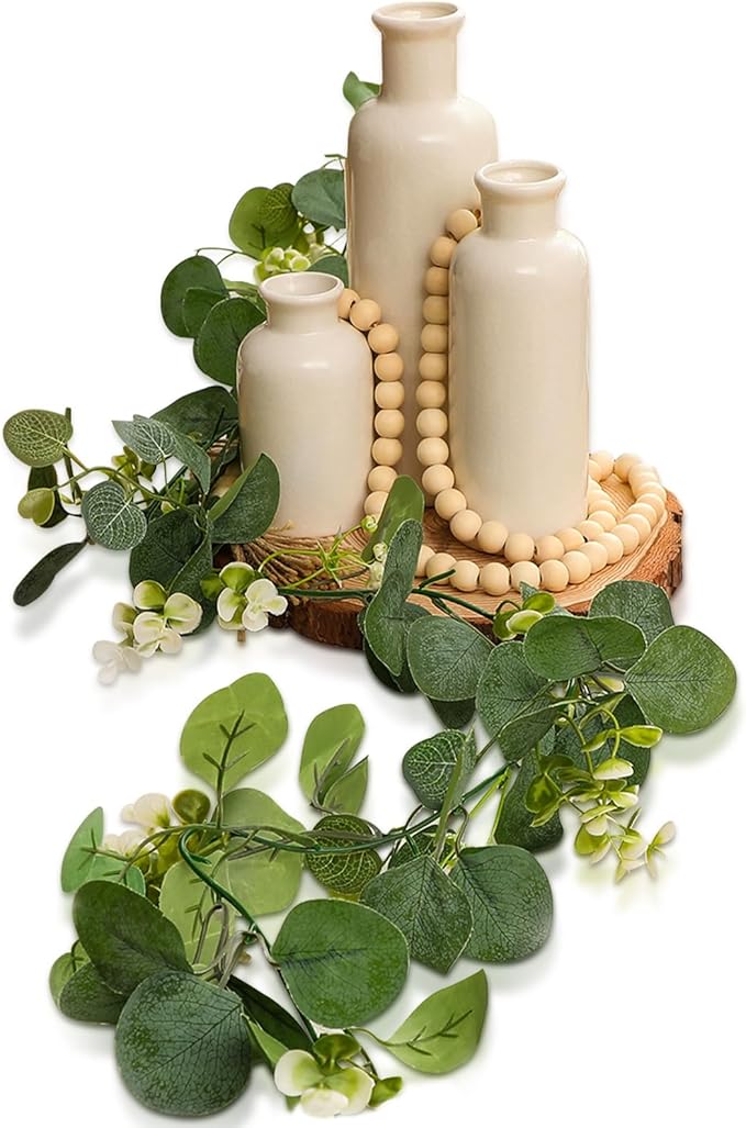 Geelin 6 Pcs Boho Rustic Table Centerpieces, 3 Modern Ceramic Vases, Wooden Slice Tray, Farmhouse Wood Beads Garland with Tassel, Artificial Vines for Dining Home Table Decor(White)