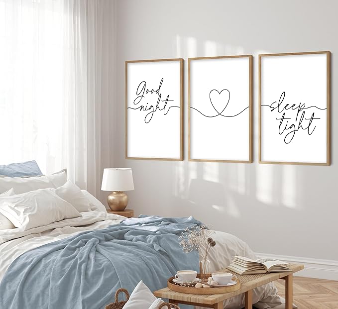 3Pcs Minimalist Style Wall Art Bedtime Quotes Painting Picture Wall Decor Good Night Sleep Well Black Line Art Heart Shape and Phrase Poster Print Artwork for Living Room Bedroom Home Decoratio