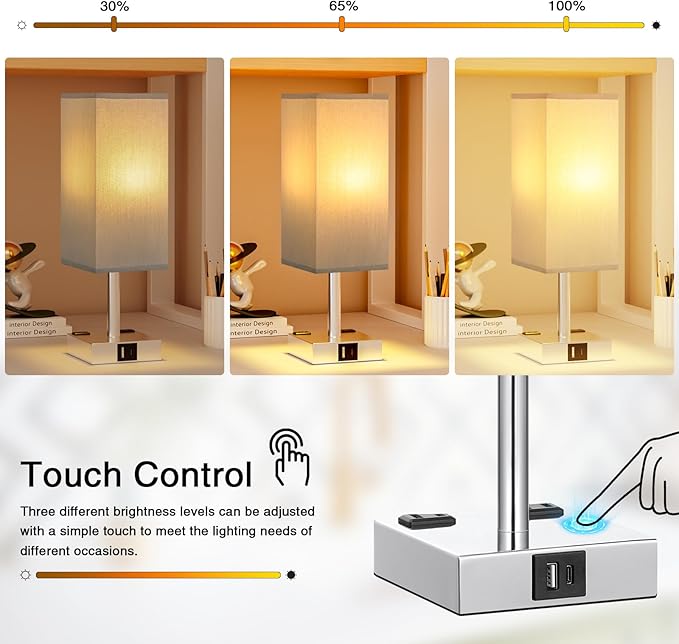 Touch Bedside Table Lamp Set of 2-3-Way Dimmable Night Lamp with USB A + Type C Charging Ports and Two AC Outlets, Small Desk Light with E26 LED Bulb for Bedroom Living Room Dorm Office
