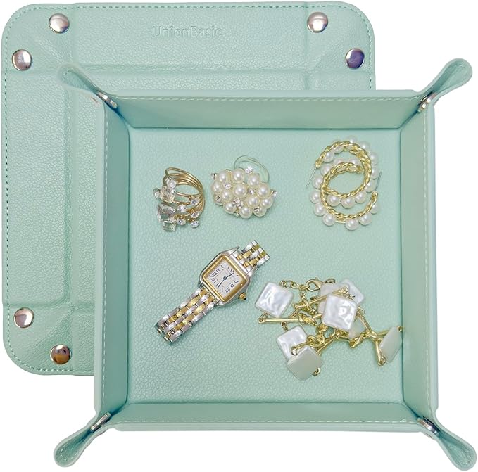 UnionBasic Valet Tray, Jewelry Tray for Rings Earrings, Entryway Catchall Caddy for Coins Keys Change, Nightstand Organizer Bedside Valet Holder, Trays for Electronic Gadgets, Lychee Mint Green