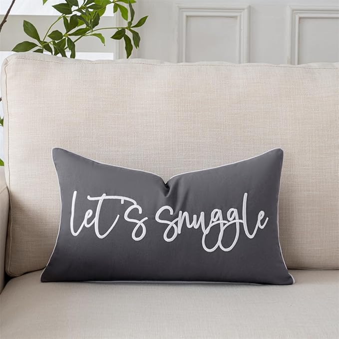 Sunkifover Let's Snuggle Decorative Lumbar Pillow Cover - 12x20 Inch Dark Grey Cotton Embroidery Throw Pillowcase for Bed, Bedroom, Living Room, Home Decor