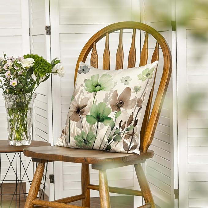 AVOIN colorlife Poppy Flowers Chinoiserie Spring Throw Pillow Cover, 18 x 18 Inch Sage Green Brown Seasonal Leaves Cushion Case Decoration for Sofa Couch Farmhouse