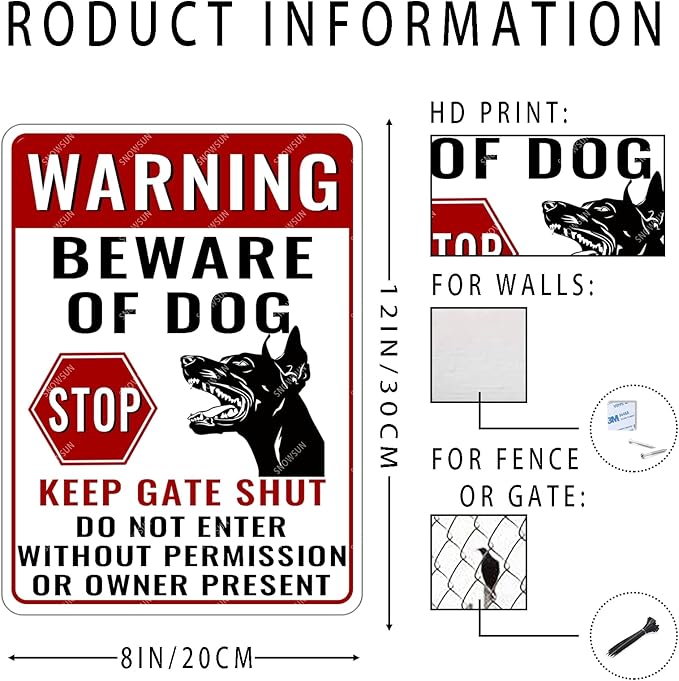 snowsun Warning Metal Signs Beware of Dog Stop Keep Gate Shut Doberman Dog Tin Sign for Home Garden Yard Street Wall Decor 8×12 Inches