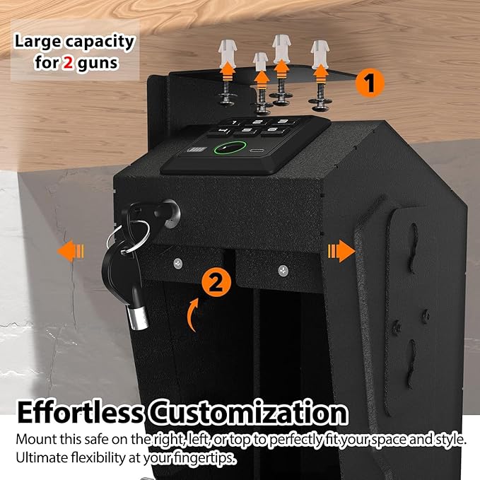 HARDROCK Gun Safe for Pistols, Biometric Wall Mounted Handgun Safe Box for Desk, Bedside,Truck，Drop Down Quick Access Security Safe with Fingerprint Keypad Lock for Home nightstand