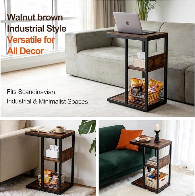 King Oasis 3-Tier Brown Metal Side Table - Industrial End Table & Nightstand with Adjustable Feet, 80LB Sturdy Small Bedside Table Storage Shelf for Living Room, Bedroom, and Small Spaces