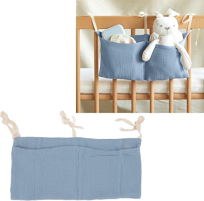 Diaper Caddy, Pure Cotton Cloth Baby Bedside Hanging Storage Bag Diaper Stacker Crib Organizer Hanging For Crib 2 Pockets Adjustable Strap Organizer for Baby Cribs and Toys (Dark Blue)