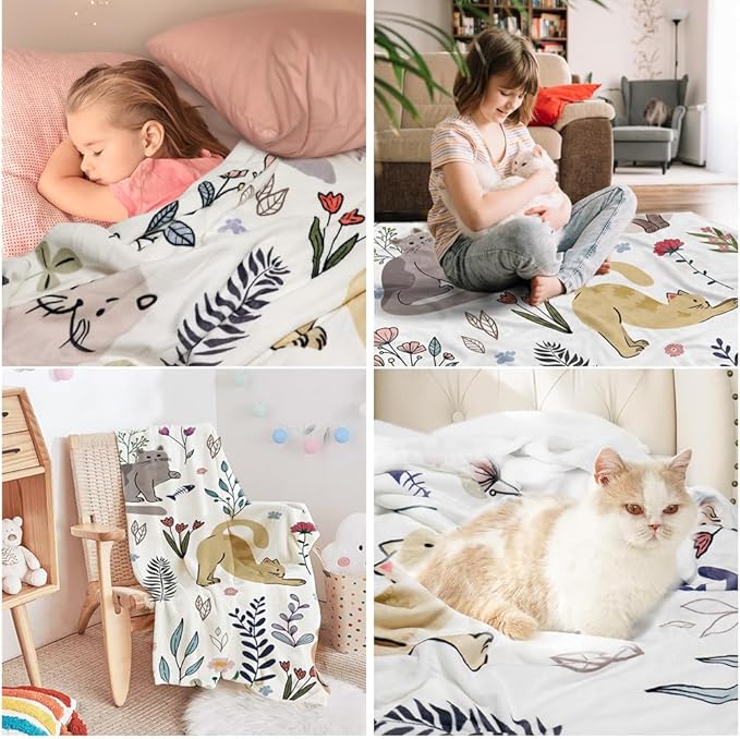 Cat Throw Blanket Floral Flower Throw Blankets Gift for Cat Lover Throw Blanket Cats Themed Flannel Cozy Fuzzy Plush Throw Blankets for Bed Chair Couch 60" X 80"
