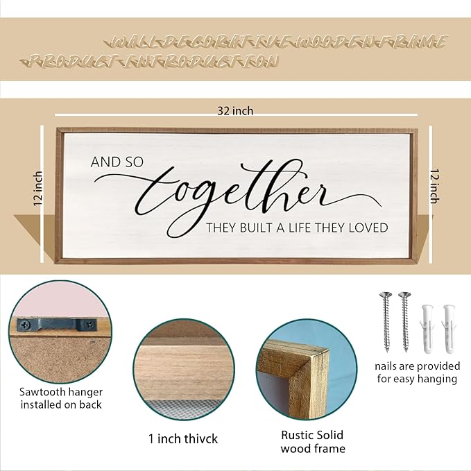 comurdyo And So Together They Built A Life They Loved Sign 32”X12” Master Bedroom Above Bed Wall Decor Large Framed Wood Farmhouse for Over Bed Bedside Wall Art for Love Sign Decor (Wood)