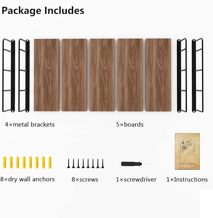Wall Shelves, Wall Mounted Bookshelves, DIY Floating Shelves for Wall, Wood Hanging Book Shelves for Room, Bedroom, Living Room, Easy Installation (Brown, 50W x 17H)
