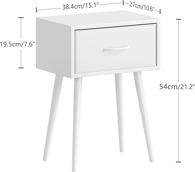 Small White Nightstands Set of 2, Bedside Table with Fabric Drawer, Modern End Table with Metal Leg, Couch Side Table for Bedroom Living Room, Sofa, Office LNT504W