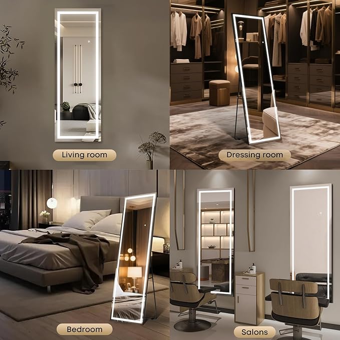 Kosmonia 63x24 Frameless Full Length Mirror, Dimmable 3 Color LED Light w/Memory Function, Distortion Free, HD Reflection & Anti Desilvering, Tempered Glass & Shatter Proof Film Doubling Safety