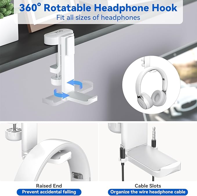 KDD 4-in-1 Desk Organizer - Under Desk Cup Holder and Headphone Hanger with 2 Wire Holes - Rotating Hanger and Detachable Storage for Cup, Phone and Pen (White)
