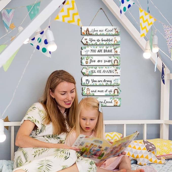 Inspirational Girl Room Decor Aesthetic Art Wall Hanging Sign Inspiring Colorful Rainbow Wooden Decoration for Kids Teens Toddler Boy Baby Bedroom Nursery Dorm Decor, 6-12 Years old (Woodland Animal)