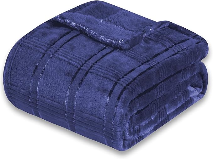 Super Soft Flannel Queen Blanket 90x90 Inches, Premium Checkered Jacquaed Silky Fleece Lightweight Bed Blanket All Season Use, Navy Blue Strip, 90"x90"