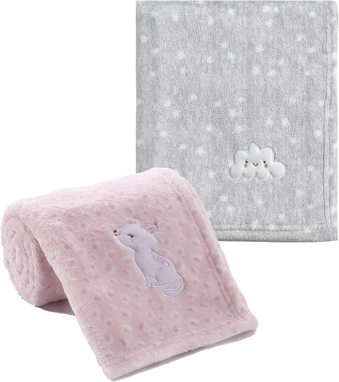 CREVENT 2Pcs 30''X40'' Cute Cozy Fluffy Warm Baby Blankets for Infants Toddlers' Bedding Crib Cot Stroller - Grey Cloud + Cat