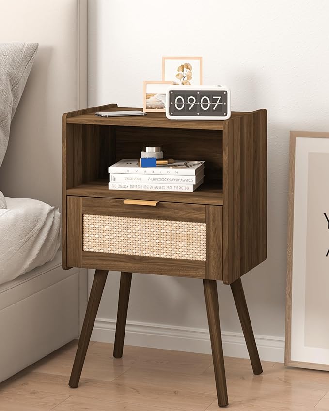 Nightstand,Modern Bedside Table with Storage Drawer and Open Wood Shelf, Accent Night Stand with Solid Wood Legs for Living Room, Bedroom and Small Spaces,Easy Assembly (Walnut Brown-Rattan)