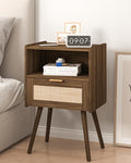 Nightstand,Modern Bedside Table with Storage Drawer and Open Wood Shelf, Accent Night Stand with Solid Wood Legs for Living Room, Bedroom and Small Spaces,Easy Assembly (Walnut Brown-Rattan)