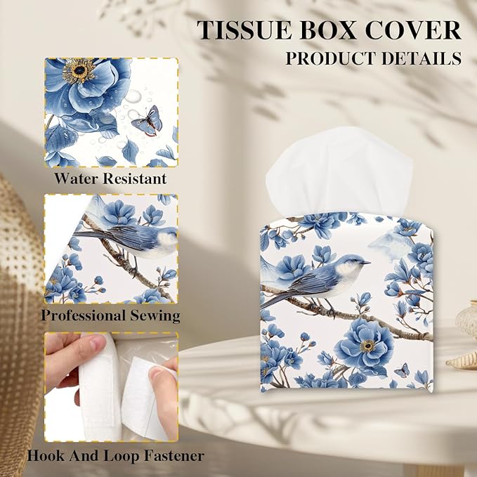 Vintage Floral and Bird Tissue Box Cover, Blue Tissue Holder Square with Bottom Belt for Home Bathroom Office Vanity Countertop, Housewarming Gifts Ideas for Women Friends Mom Bestie -07