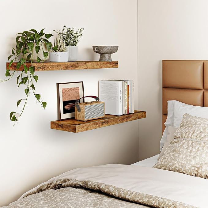 Fixwal Floating Shelves for Wall, 22" Long Wall Mounted Rustic Wood Shelves for Living Room, Bedroom, Bathroom and Kitchen, Wall Shelves for Storage, Books, Room Decor (Rustic Brown, Set of 2)