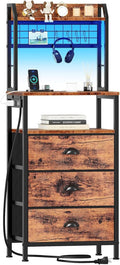 Furologee 44'' Tall Nightstand with Charging Station, Bedside Table with LED Lights, End Table with 3 Drawers and Storage Shelves, Night Stand with Pegboard for Bedroom, Rustic Brown