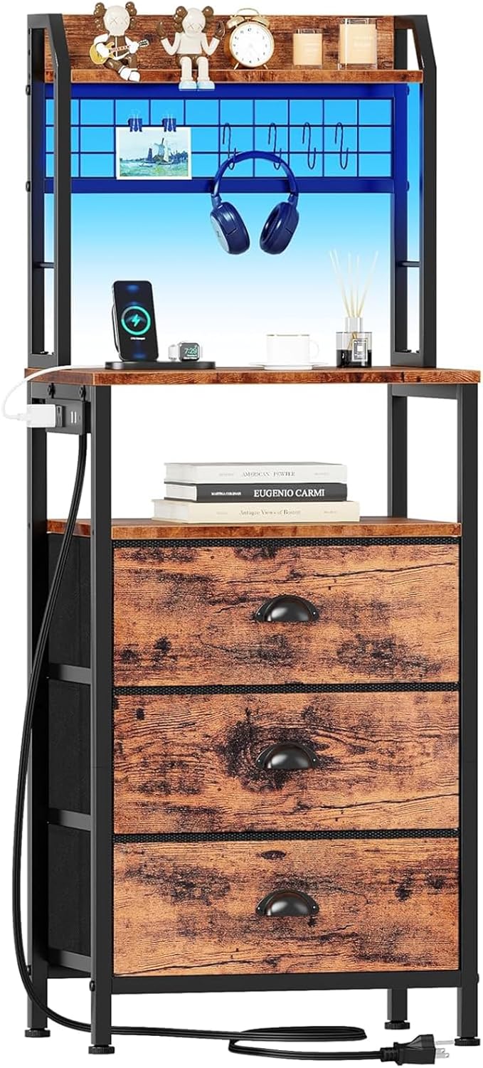 Furologee 44'' Tall Nightstand with Charging Station, Bedside Table with LED Lights, End Table with 3 Drawers and Storage Shelves, Night Stand with Pegboard for Bedroom, Rustic Brown