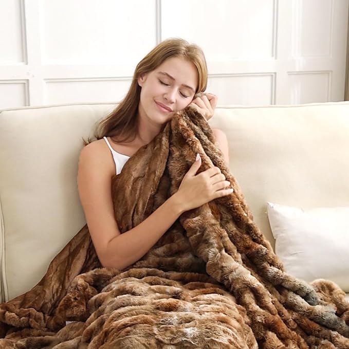 Softan Extra Soft Faux Fur Blanket, Warm Striped Faux Fur Throw Blanket with Flannel Fleece Reverse for Couch Sofa Bed Living Room, Brown- 50"x 60"