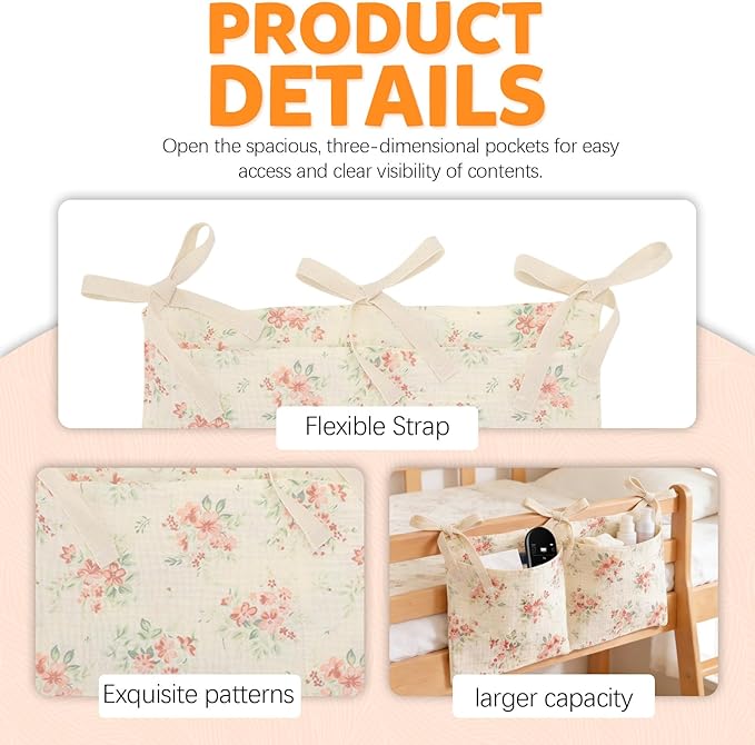 2 Pieces Floral Pattern Bedside Caddy with 2 Pockets, Bedside Hanging Storage Organizer, Dorm Rooms Bunk Bed Storage Bag for Home Phone Remote Control Key Glasses (Beige)