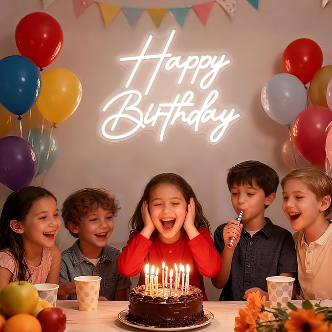 Happy Birthday Neon Sign for Wall Decor, Dimmable LED Happy Birthday Light Up Sign, Happy Birthday Sign for All Birthday Party Decoration Backdrop and Any Ages Bday Celebration, White