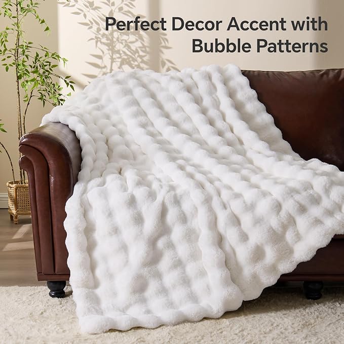 BEDELITE Faux Fur Cream Throw Blanket, Soft Cozy Plush Bubble Blanket for Couch Sofa Bedroom Living Room Decor - 870GSM Thick Warm Fuzzy Fluffy Faux Rabbit Fur Blanket for Women Gift, 50x60 Inches