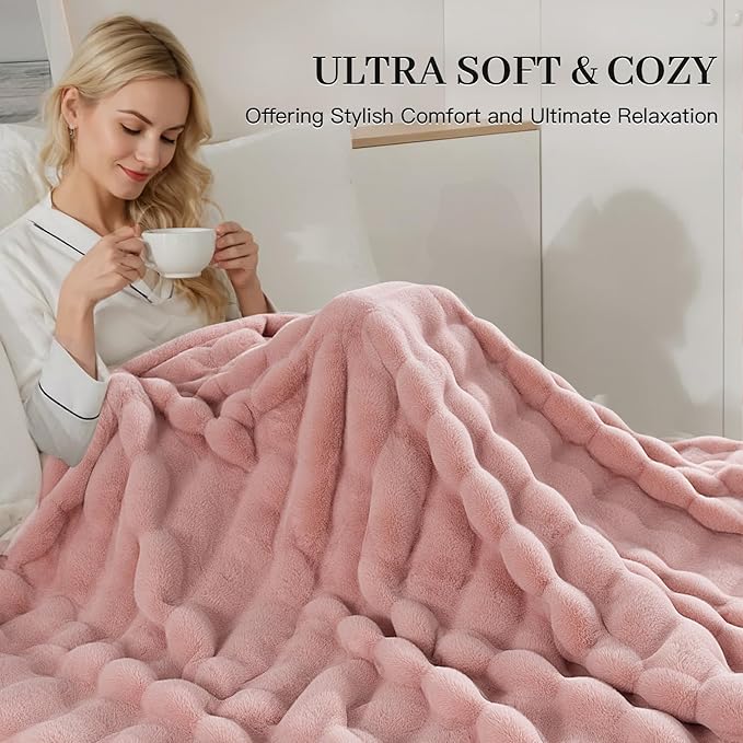 NEXHOME PRO Faux Fur Throw Blanket Pink, Luxury Soft Decorative Cozy Plush Long Shaggy Fluffy Blanket for Sofa Couch Bed Living Room, Reversible Puffy Thick Warm Blanket for Winter, 50"X60"